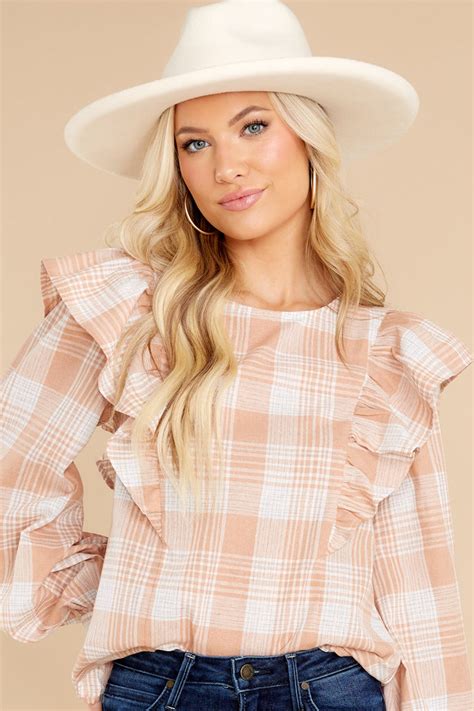 Trendy Rust Plaid Button Up Top Blouses And Shirts Red Dress