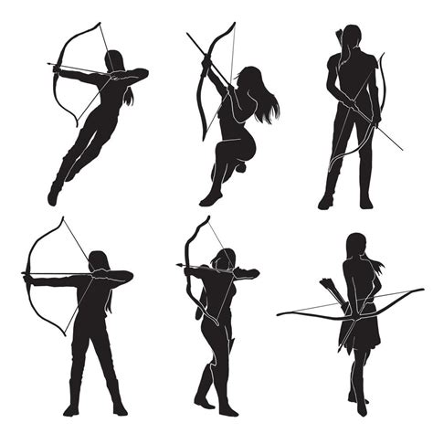 Set Of Beautiful Female Archer Warrior Vector Silhouette On White