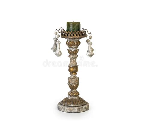 Candle In Vintage Golden Candlestick Classic Candleholder Isolated On