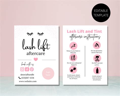 Lash Lift Tint Care Card Editable Lash Lift Aftercare Card Etsy