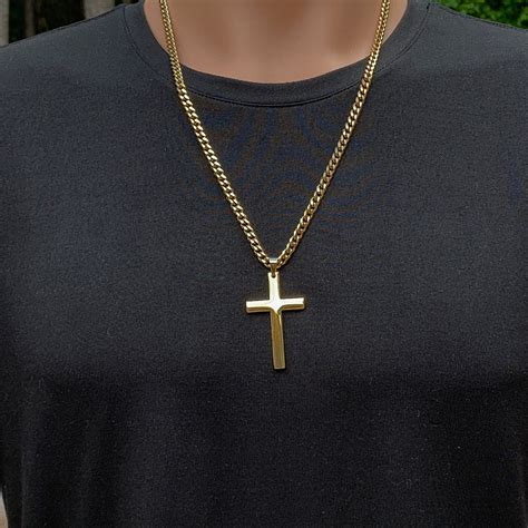 Large Gold Cross Necklace For Men With Thick Curb Chain Gold 316l