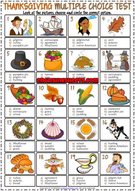 Thanksgiving Esl Printable Multiple Choice Test For Kids Thanksgiving