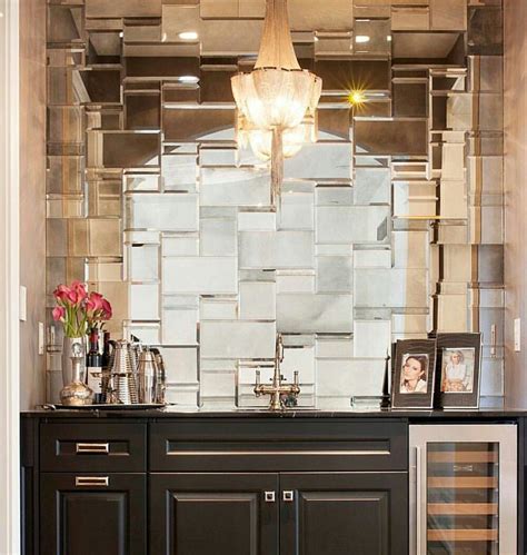 This tile has italian carrara marble (which i loved in my last kitchen) with blue moonstone and antique mirror accents. Wet Bar w/mirrored tile wall | Bars for home, Mirror ...