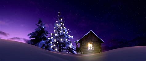 2560x1080 Resolution Christmas Lighted Tree Outside Winter Cabin