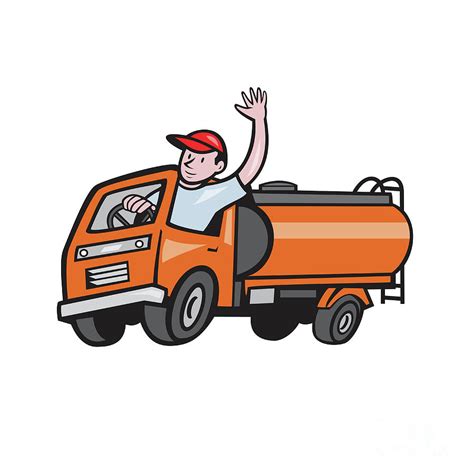 4 Wheeler Tanker Truck Driver Waving Cartoon Digital Art By Aloysius