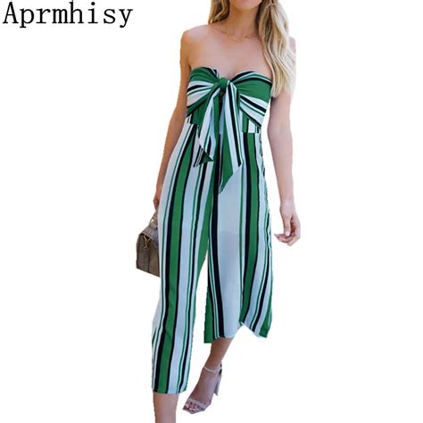 Aprmhisy Bow Tie Strapless Summer Beach Rompers Women Stripe Long