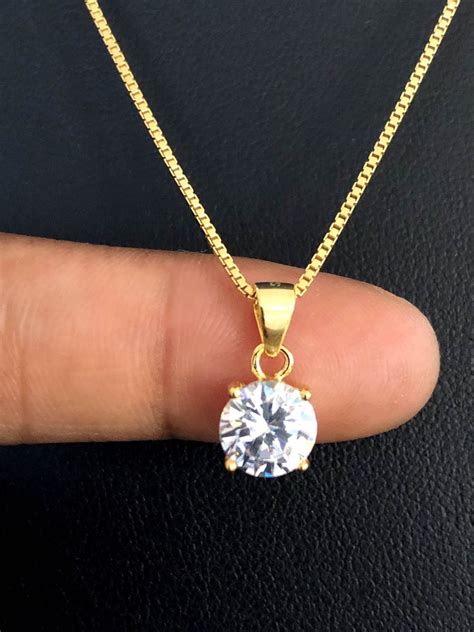 Diamond Solitaire Necklace Cz Solitaire Pendant 14k Gold Etsy