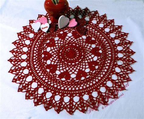 Crocheted Round Doily Ring Of Hearts Red Etsy Crochet Round