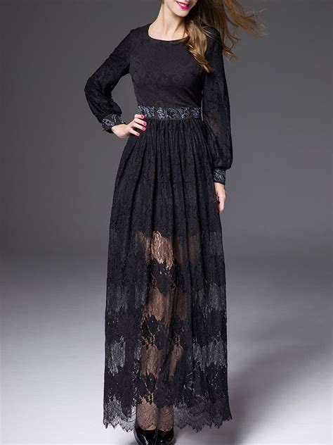 Black Round Neck Long Sleeve Beading Lace Dress Sheinsheinside