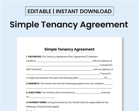 Simple Tenancy Agreement Template Pdf Ms Word Document Etsy Australia