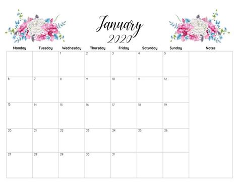 Calendar January 2020 With Notes Kids Calendar Floral Printables