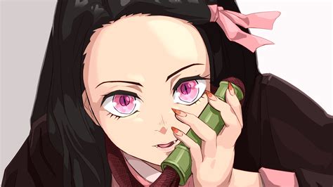 Demon Slayer Nezuko Kamado With Pink Eyes With Gray And