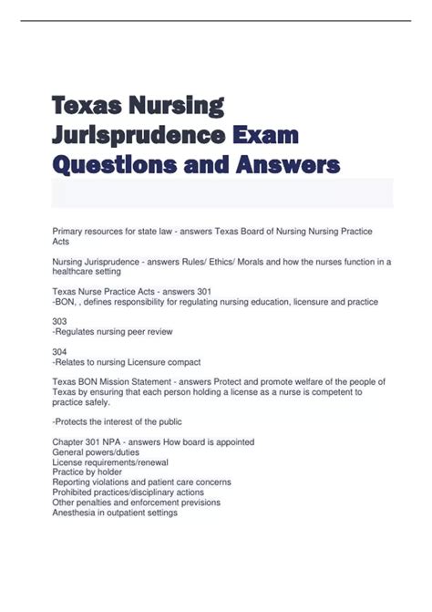 Texas Nursing Jurisprudence Exam Questions and Answers - NURSING