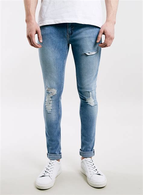 Topman Blue Bleach Wash Ripped Spray On Jeans For Men Lyst