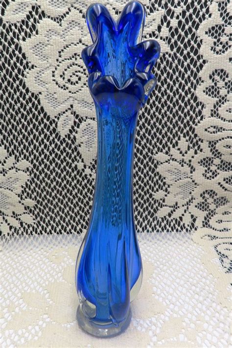 Vintage Cobalt Blue And Clear Swung Art Stretch Glass Bud Vase Etsy