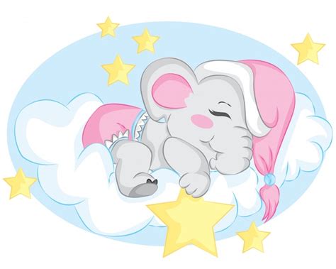 Pequeño Elefante De Dibujos Animados Durmiendo En La Nube Con Estrella