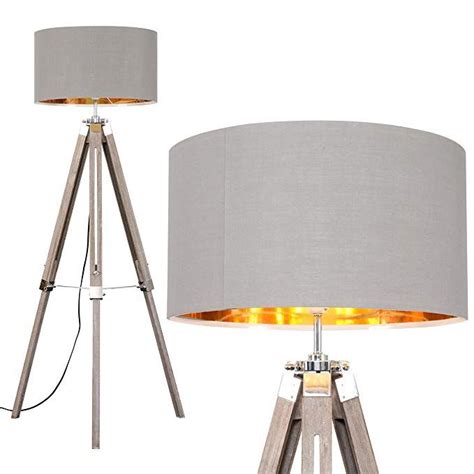 Modern Distressed Wood And Silver Chrome Tripod Floor Lamp With A Grey Gold Cylinder Light Shade