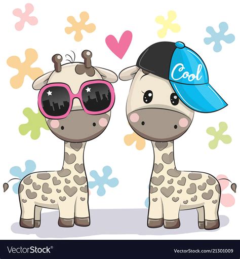 Two Cute Giraffes With Glasses And Cap Royalty Free Vector