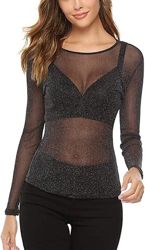 Kyerivs Women S Mesh Tops Long Sleeve See Through Sheer Blouse Black Sexy Clubwear Shirts