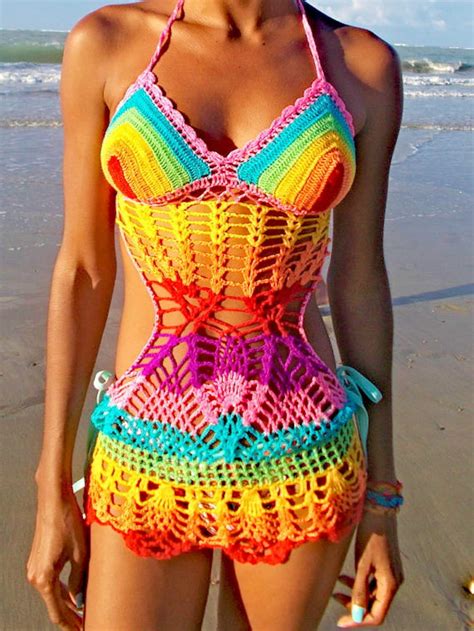 Multicolor Handmade Crochet Dress See Trough 07 Bikini Cover Up Etsy