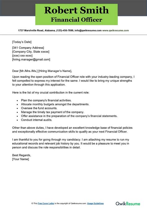 Financial Officer Cover Letter Examples Qwikresume