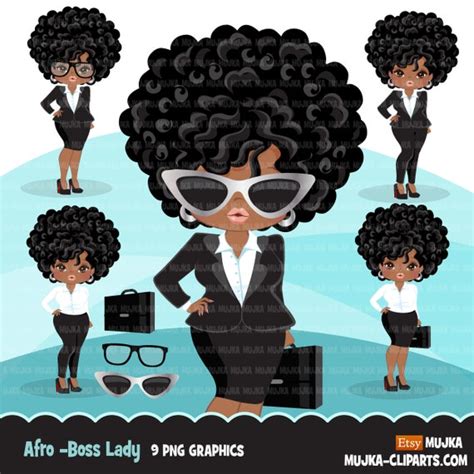 Afro Black Woman Clipart With Business Suit Briefcase And Glasses African American Graphics