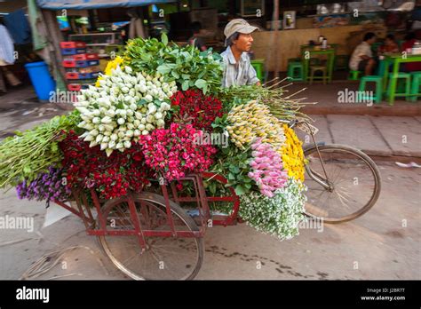 Cycle Rickshaw Flower Market Yangon Rangoon Myanmar Burma Stock