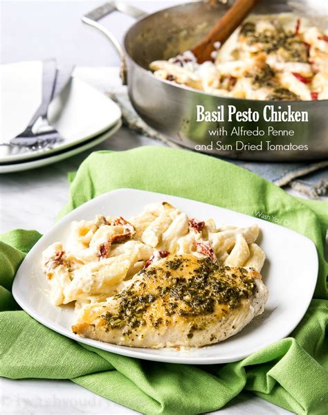 Basil Pesto Chicken With Alfredo Penne And Sun Dried Tomatoes