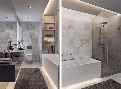 Modern bathroom with a curbless shower, gray tile, grey walls, grey floor and an open shower. Inspiring Examples Of Use Of Grey In Luxury Interior Design