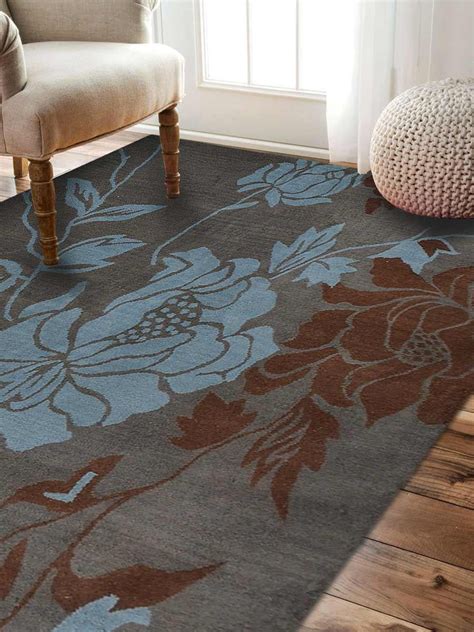 Flowers Hand Tufted Wool Area Rug Modern Floral Gray Blue Carpet 8x8