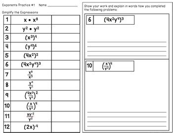An exponent applies to only the factor it is directly next to unless parentheses. Exponents - Partner Practice and Reflection Worksheets(8 ...
