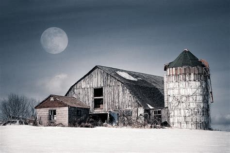 Old Barn And Winter Moon Snowy Rustic Landscape