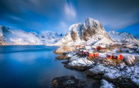 Обои зима вода горы деревня Норвегия домики Norway фьорд