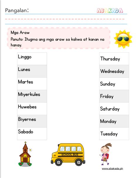 Mga Araw Sa Isang Linggo Worksheet For Kindergarten Learning Filipino