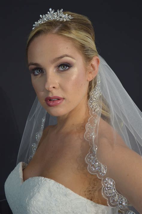 Elena E1213 One Tier Fingertip Veil With Silver Embroidered Scallop