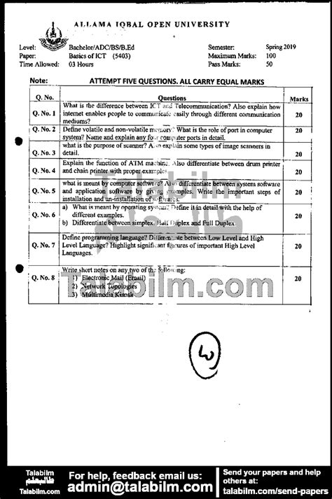 Basics Of Ict Code No 5403 Spring 2019 Past Papers Aiou Talabilm