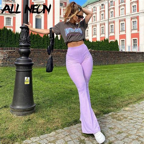 Allneon E Girl Sweet Slim Knitted Ribbed Flare Pants 90s Fashion Autumn Casual Bodycon High