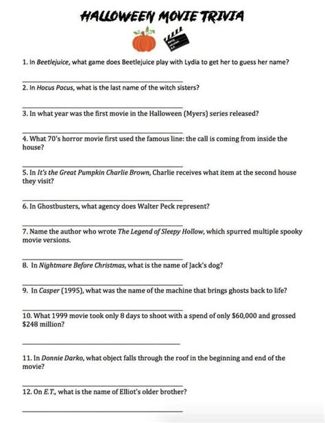 Halloween Trivia Questions Halloween Movie Trivia Sheet For Etsy In