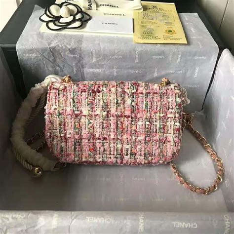 Chanel Women Shoulder Flap Bag Tweed Metal Chain Faux Pearl Pink Lulux