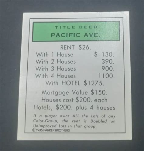 Monopoly Pacific Ave Title Deed Card Replacement Game Piece Part Hasbro Picclick