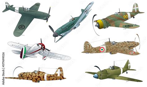 7 Types Of Italian World War 2 Single Engine Propeller War Fighter Illustration Vector Eps