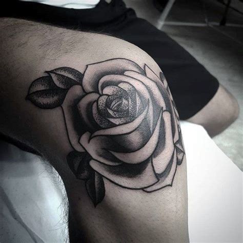 Traditional Knee Rose Flower Mens Black Ink Shaded Tattoo Knee Tattoo