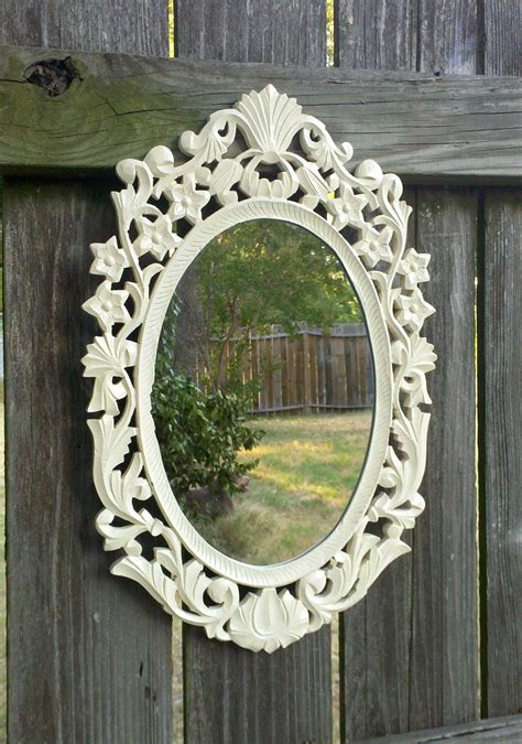 White Oval Mirror In Vintage Hand Carved Wood Frame