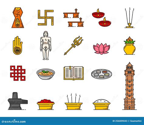 Jainism Religion Icons Of Indian Religious Symbols Stock Vector