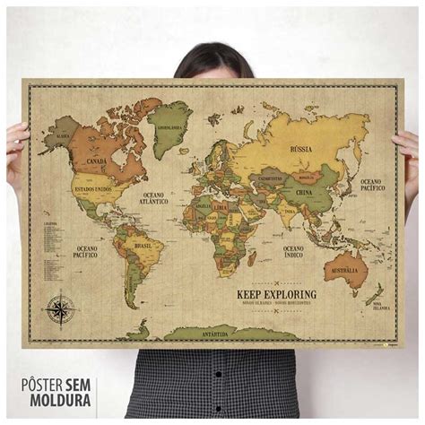 Pôster Mapa Múndi Vintage 220 Pins Adesivos P Marcar Viagens