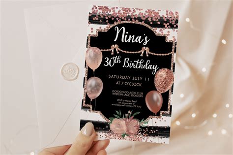 rose gold birthday balloons invitation printable template black white stripes glitter editable