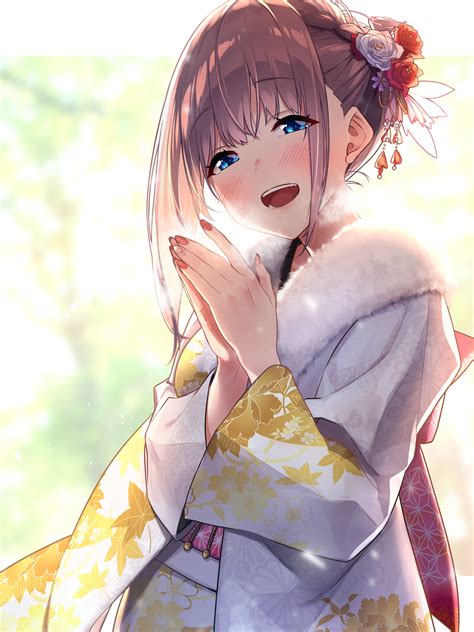 Download 2400x3200 Kimono Brown Hair Anime Girl Smiling Happy Face