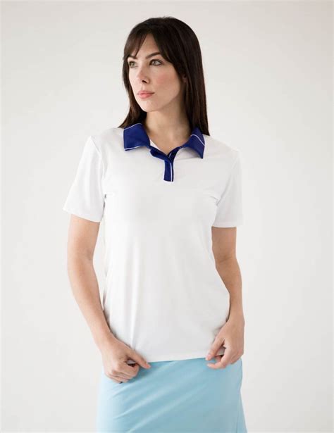 Short Sleeve Golf Shirt Ladies White Polo With Pinstripe Collar