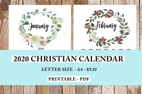 2020 Christian Calendar Watercolor Wreaths Christian Calendar