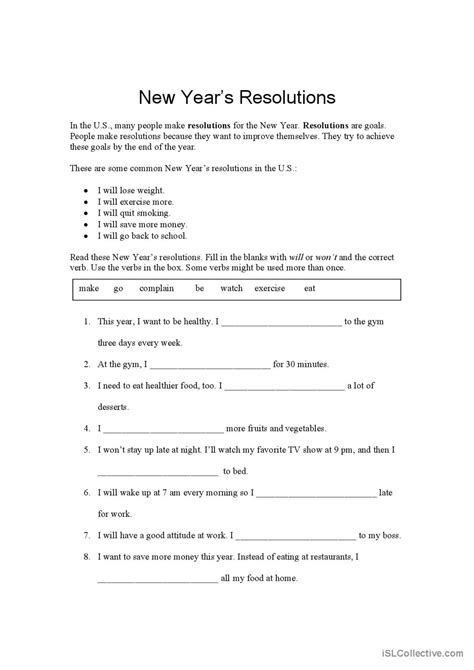 New Years Resolutions English Esl Worksheets Pdf And Doc